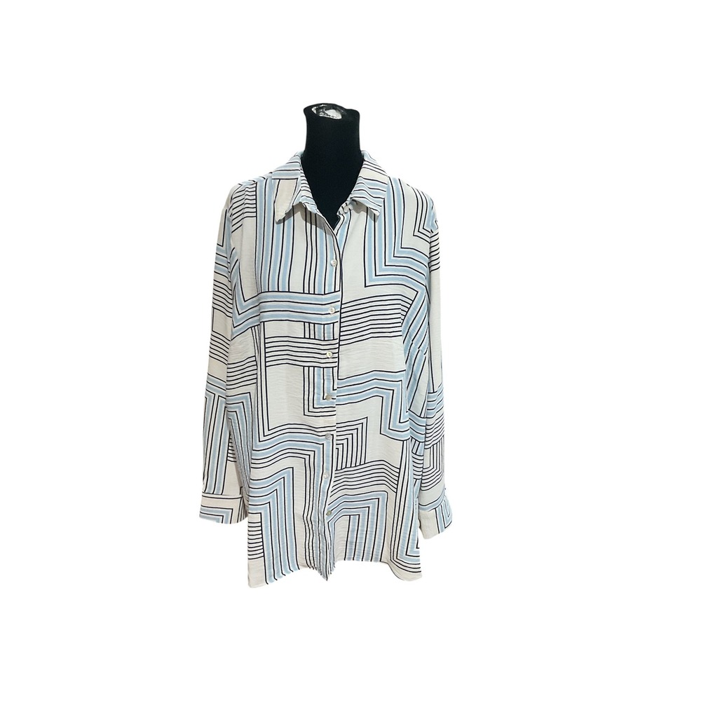 Tamara H. Women 1X Blue Geometric Abstract Stripe Button Down Shirt NWT